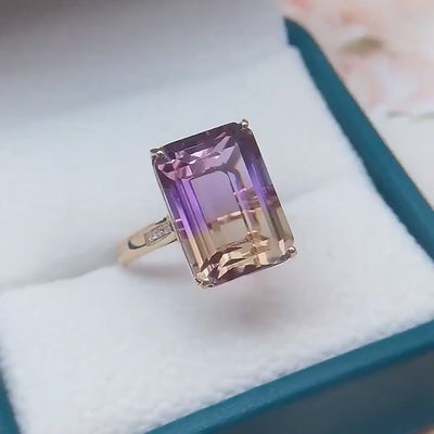 18k rose gold ring with natural 9.2 ct emerald-cut ametrine and white diamond accents