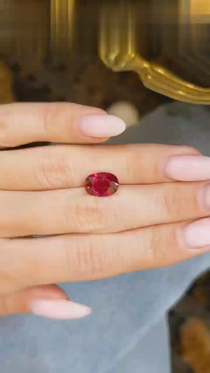 Natural Mozambique ruby, 4.09 carats, oval brilliant cut, vivid Pigeon Blood red, untreated, GRS certified