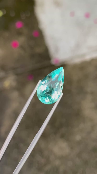 Natural Paraiba tourmaline, 7.60 carats, pear cut, VS clarity, untreated, GIA certified, neon blue-green