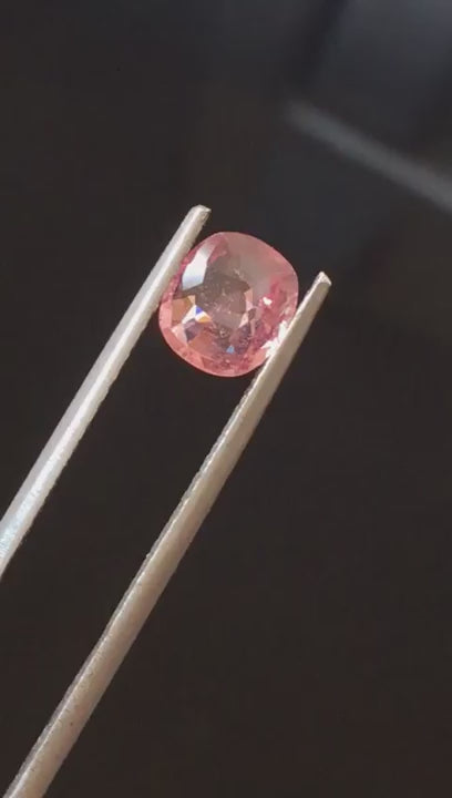 Natural Padparadscha sapphire, 1.08 carats, cushion cut, heated, orangy-pink color, GRS certified