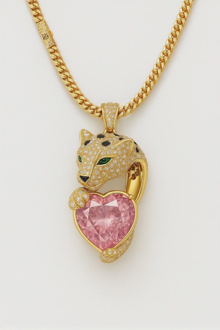 18k gold pendant with natural 3.02 ct Padparadscha sapphire, heart cut, lotus-pink color, GRS certified, diamonds, tsavorite eyes