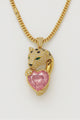 18k gold pendant with natural 3.02 ct Padparadscha sapphire, heart cut, lotus-pink color, GRS certified, diamonds, tsavorite eyes