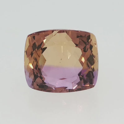 Natural ametrine quartz, 13.20 carats, cushion cut, transparent clarity, violetish purple and orangy yellow, ČGL certified