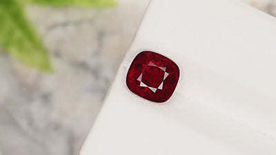 Natural Ruby 2.57 ct, vivid red pigeon’s blood color, cushion brilliant/step cut, untreated, from Burma