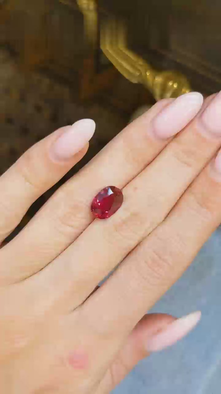 Natural Mozambique ruby, 4.09 carats, oval brilliant cut, vivid Pigeon Blood red, untreated, GRS certified