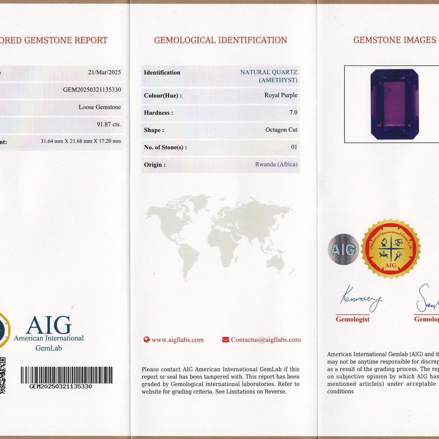 Royal Purple Amethyst 91.87 ct – Purple, Octagon Cut, AIG Certified