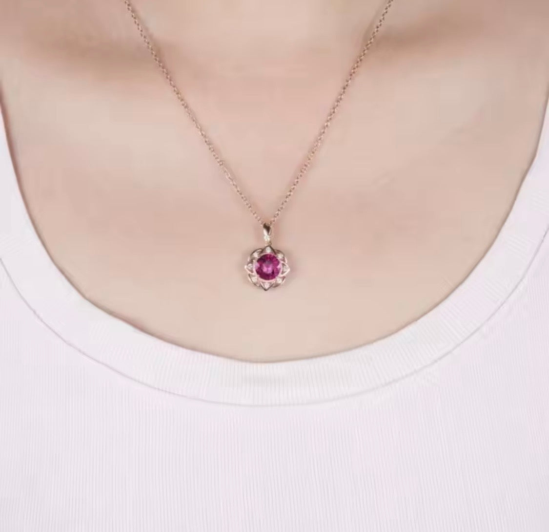 14K rose gold ruby diamond pendant with round natural ruby and floral halo design
