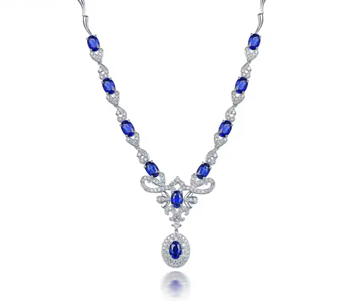 18K gold sapphire diamond necklace with 5.68 carat natural sapphires and cascading elegant design