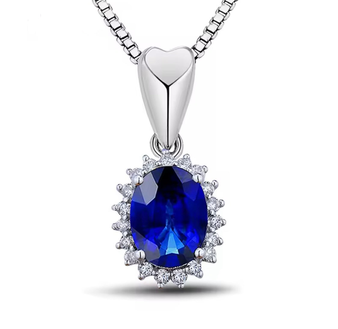 18K white gold sapphire diamond pendant with 1.60 carat oval natural sapphire and diamond halo