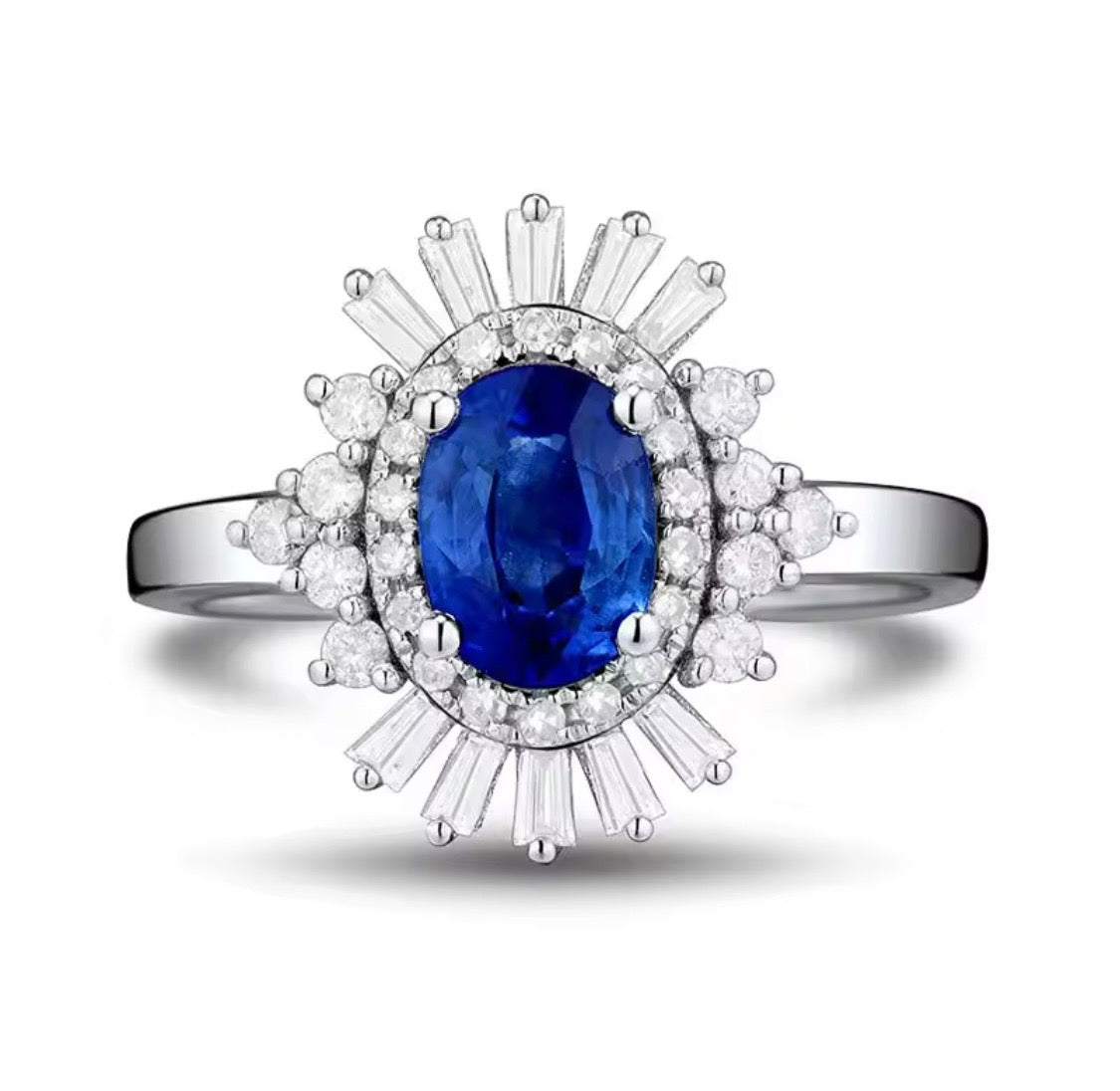 18K white gold sapphire diamond ring with oval natural sapphire and sunburst halo baguette diamonds