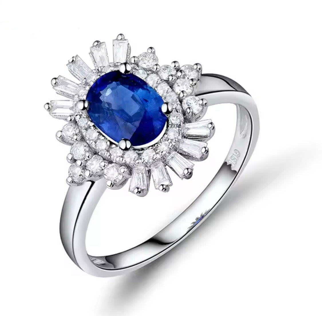 18K white gold sapphire diamond ring with oval natural sapphire and sunburst halo baguette diamonds