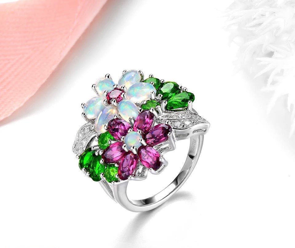 Silver 4.00 ct Chrome Diopside / Rhodolite Garnet / Opal Ring