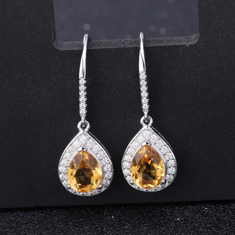 Silver Earrings with Natural Citrine 2.17 ct – Pear Cut, Halo Design