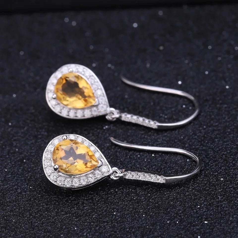 Silver Earrings with Natural Citrine 2.17 ct – Pear Cut, Halo Design