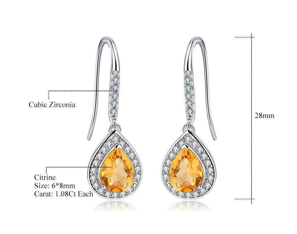 Silver Earrings with Natural Citrine 2.17 ct – Pear Cut, Halo Design