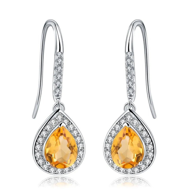 Silver Earrings with Natural Citrine 2.17 ct – Pear Cut, Halo Design