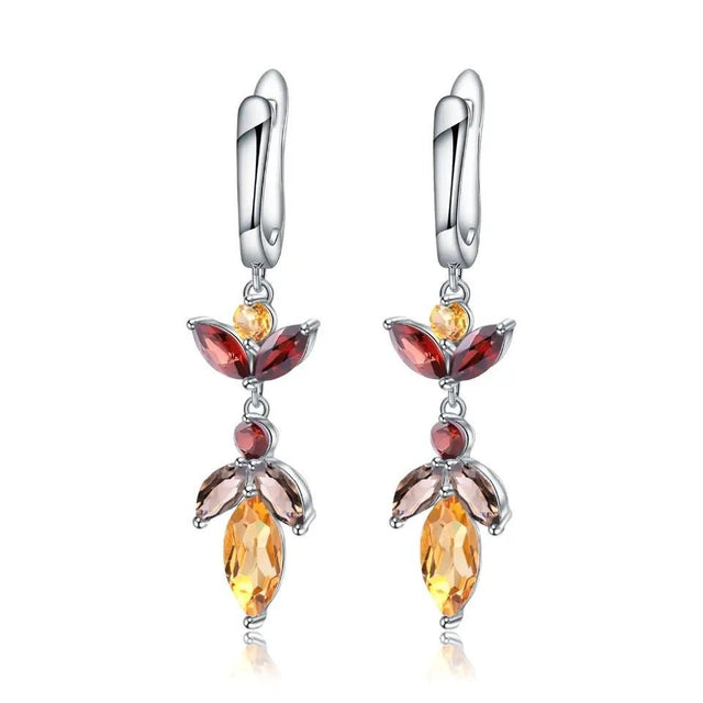 Silver Earrings with Natural Citrine & Garnet – Pear Cut, 45 mm
