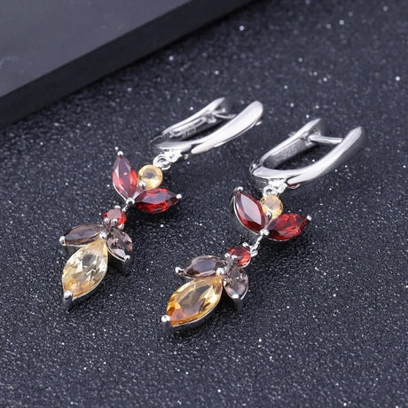 Silver Earrings with Natural Citrine & Garnet – Pear Cut, 45 mm