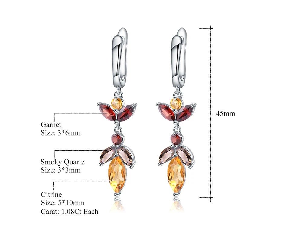 Silver Earrings with Natural Citrine & Garnet – Pear Cut, 45 mm