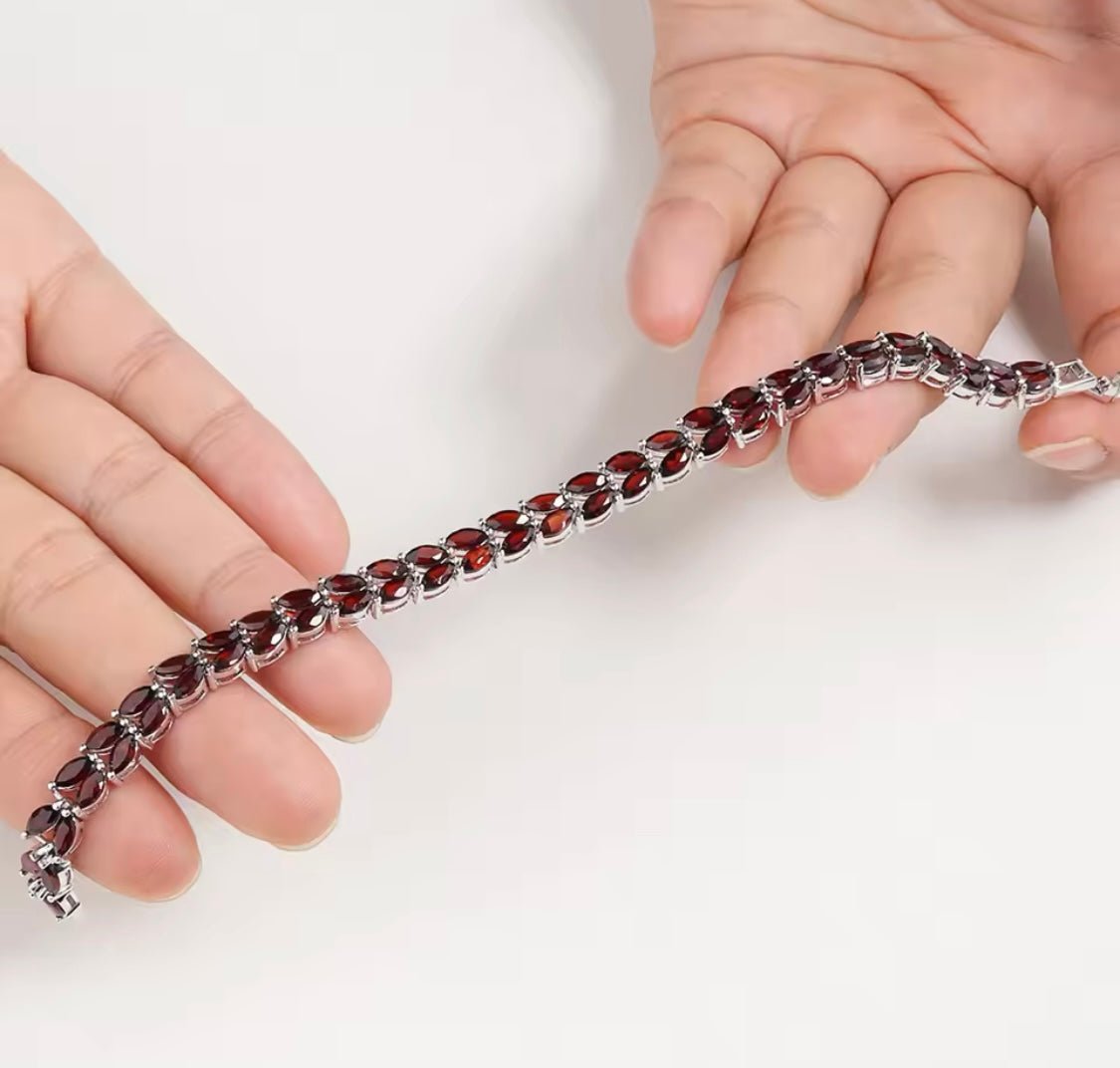 Silver Garnet Tennis Bracelet – Marquise Cut, Deep Red