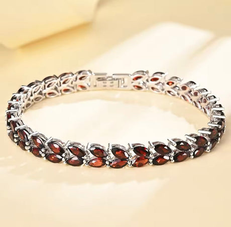 Silver Garnet Tennis Bracelet – Marquise Cut, Deep Red