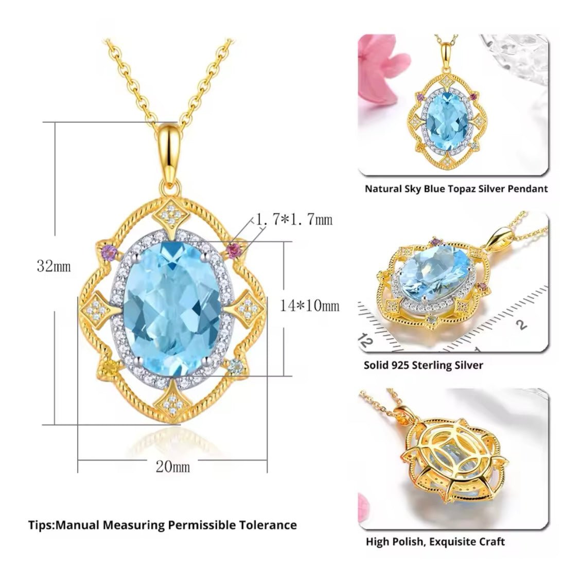 Silver (Gold Plated) Sky Blue Topaz 8.00 ct Pendant