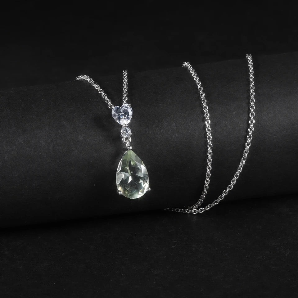 Silver Green Amethyst Necklace – Natural Pear - Cut Prasiolite Jewelry