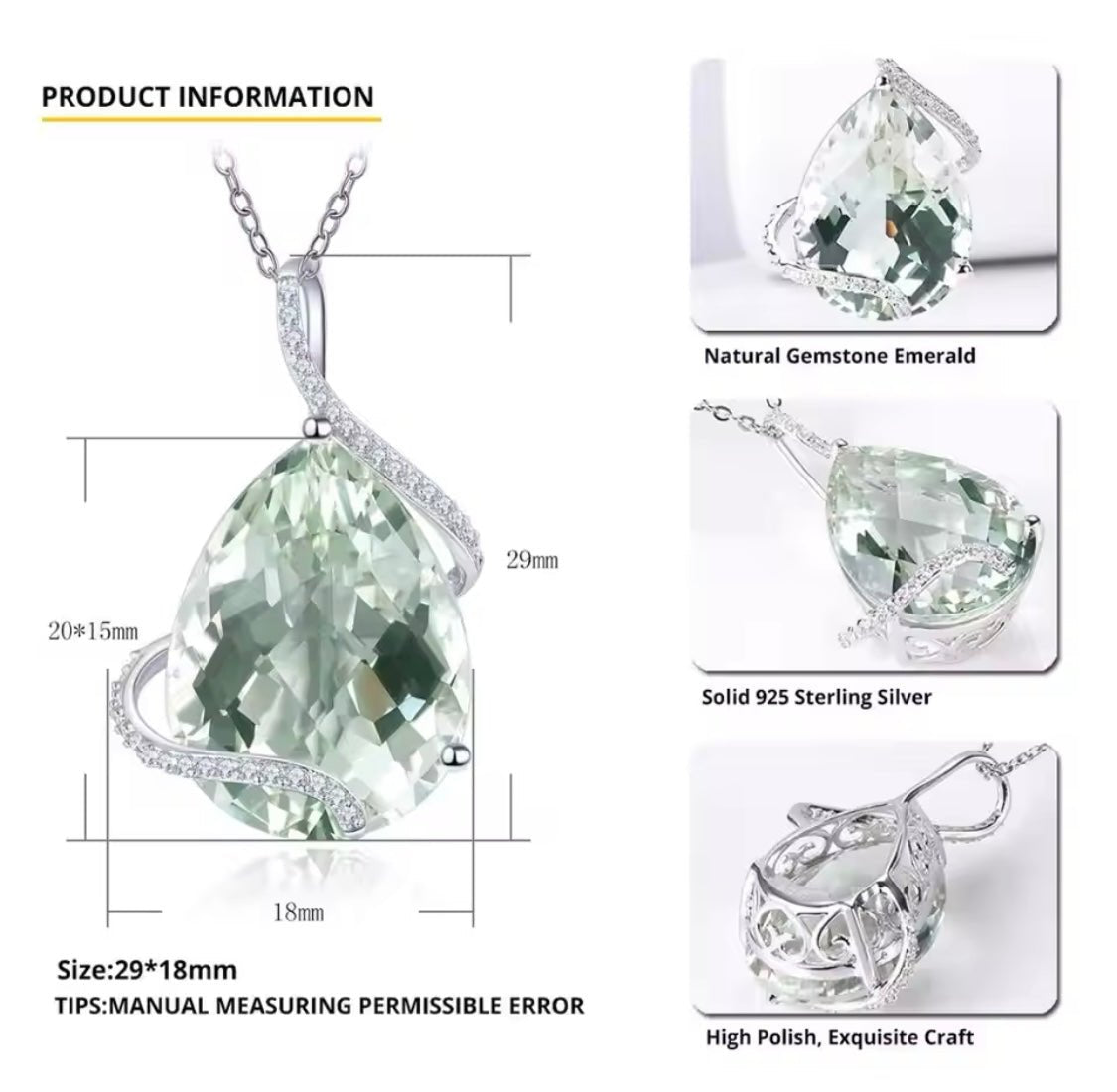 Silver Green Amethyst Pendant – 15.10 ct Natural Prasiolite Necklace