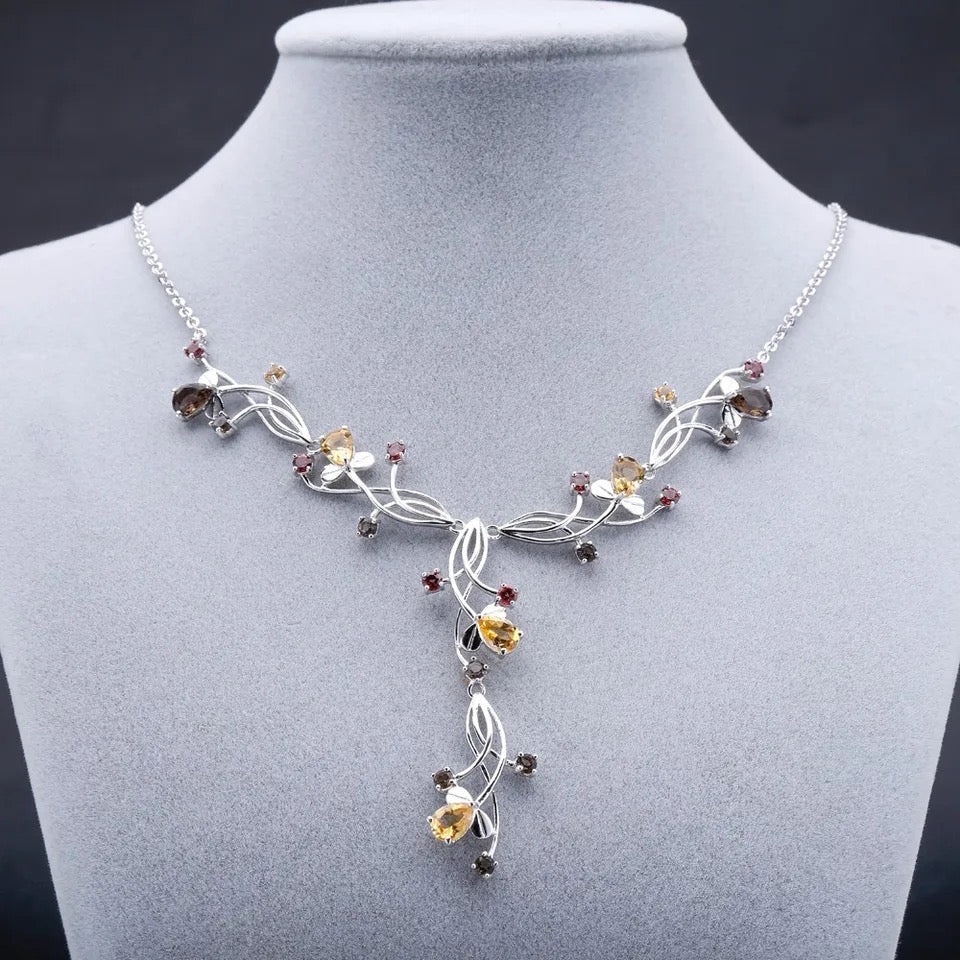 Silver Necklace with Natural Citrine, Garnet & Smoky Quartz – 5.87 ct