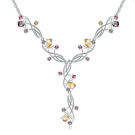 Silver Necklace with Natural Citrine, Garnet & Smoky Quartz – 5.87 ct