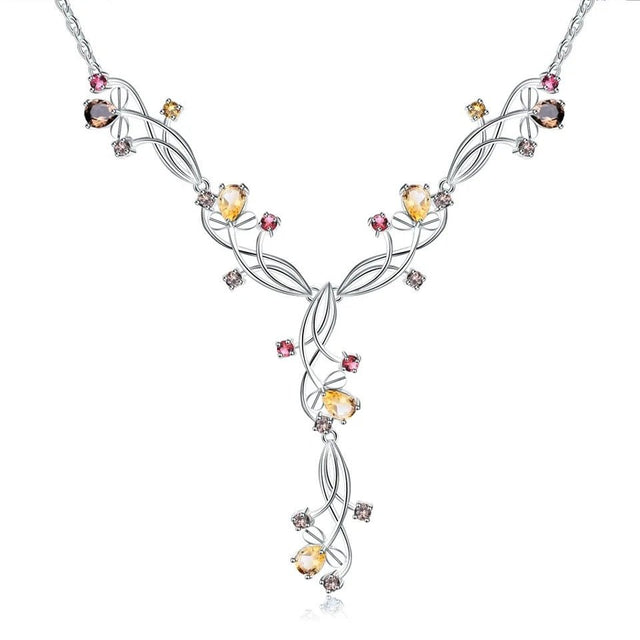 Silver Necklace with Natural Citrine, Garnet & Smoky Quartz – 5.87 ct