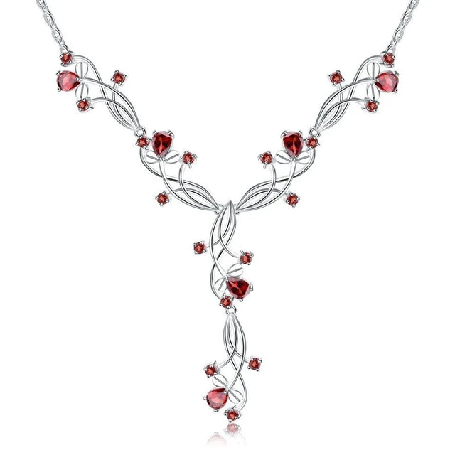 Silver Necklace with Natural Garnet 5.87 ct – Pear & Round Cut