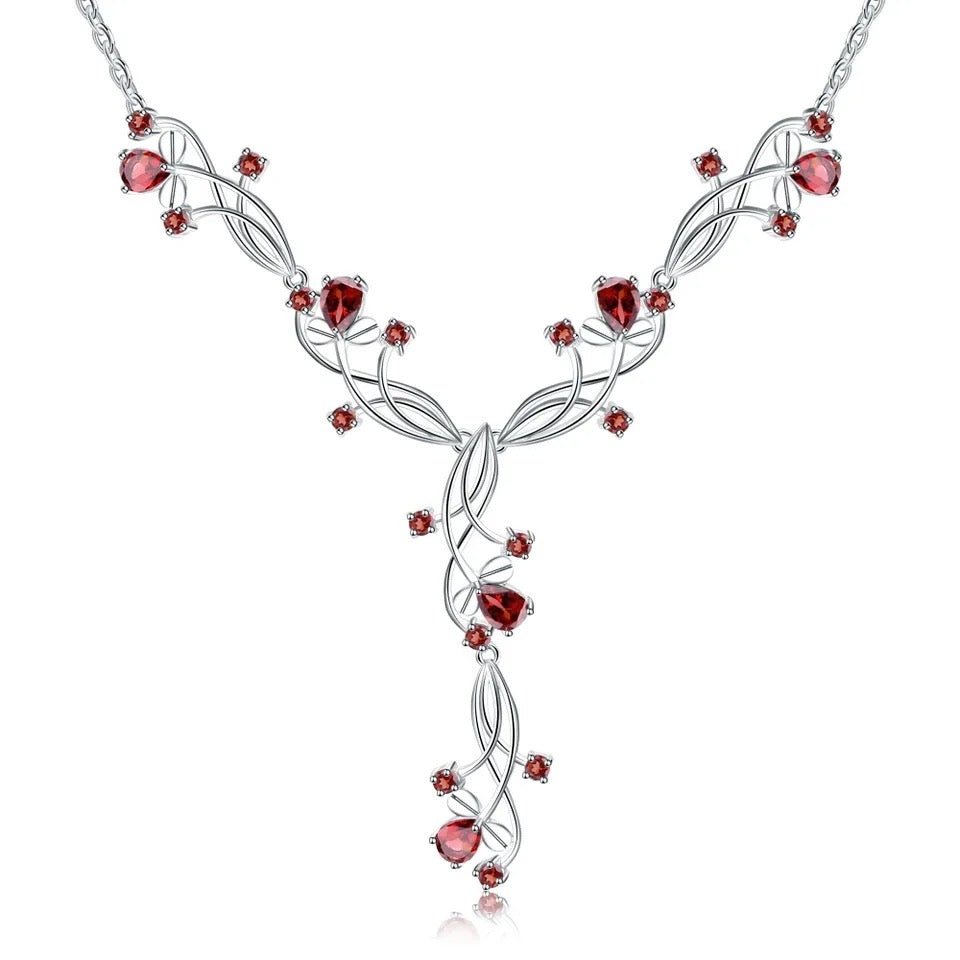 Silver Necklace with Natural Garnet 5.87 ct – Pear & Round Cut