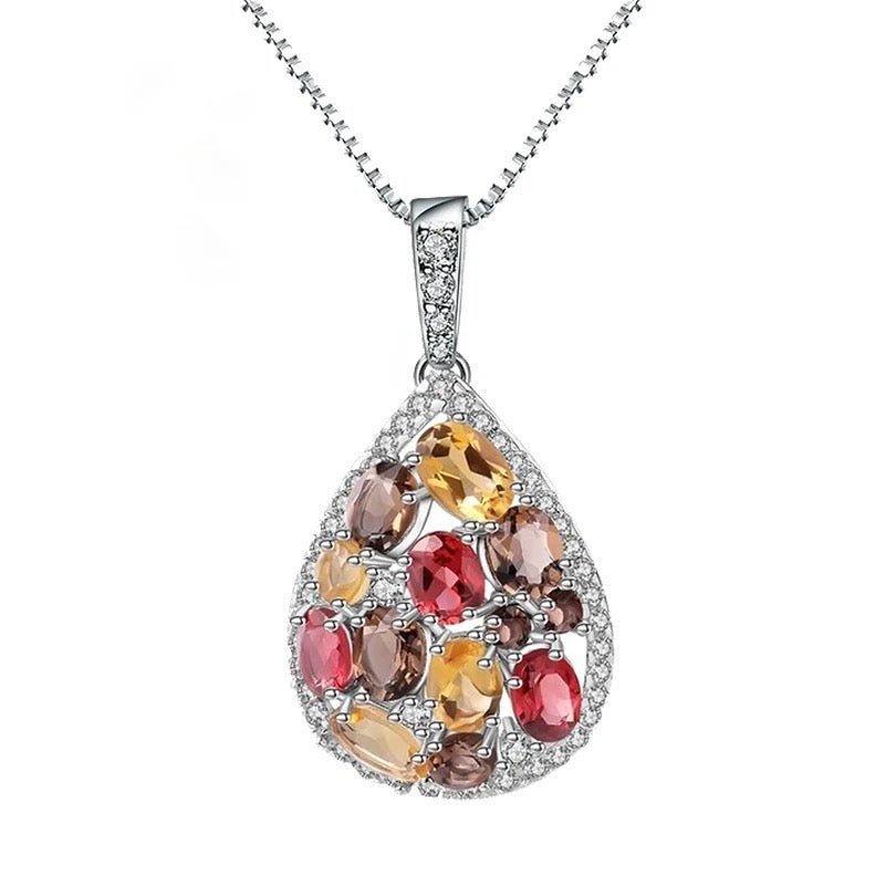 Silver Pendant with Natural Garnet, Citrine & Smoky Quartz – Water Drop Design