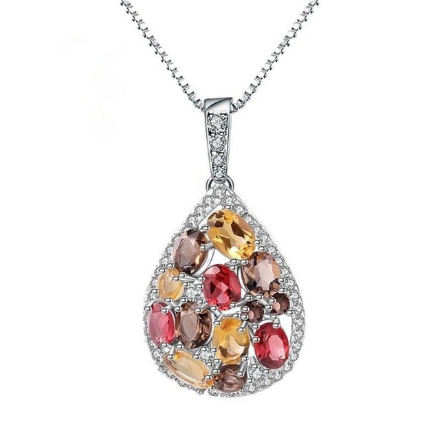 Silver Pendant with Natural Garnet, Citrine & Smoky Quartz – Water Drop Design