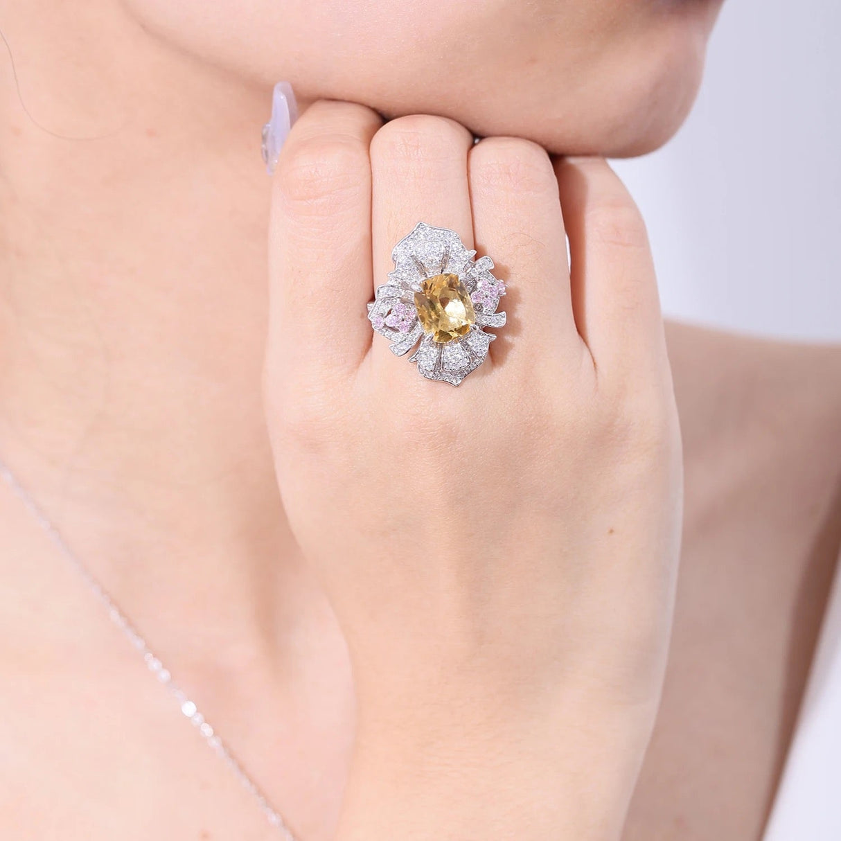 Silver Resizable Ring with Natural Citrine – Cushion Cut & Zirconia Accents