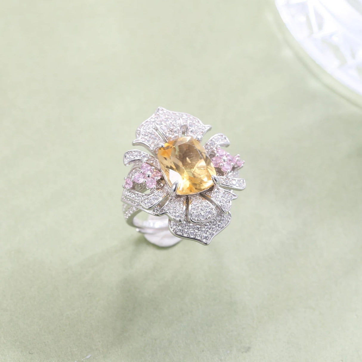 Silver Resizable Ring with Natural Citrine – Cushion Cut & Zirconia Accents