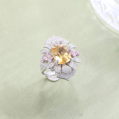 Silver Resizable Ring with Natural Citrine – Cushion Cut & Zirconia Accents