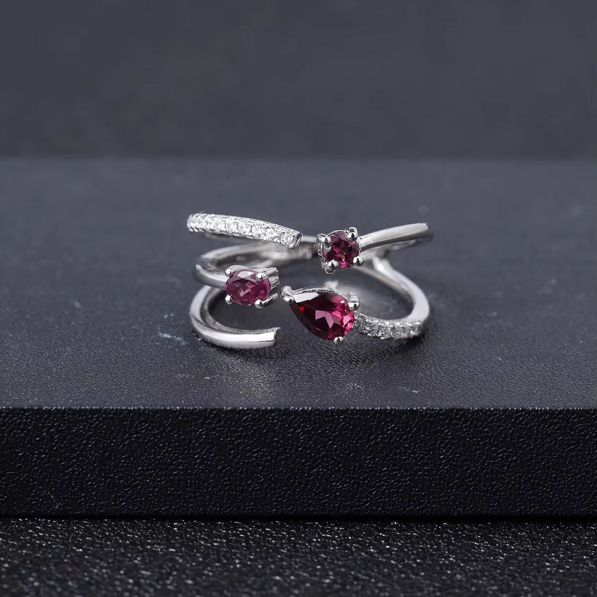 Silver Resizable Ring with Natural Rhodolite Garnet 0.87 ct – Drop, Oval & Round Cut