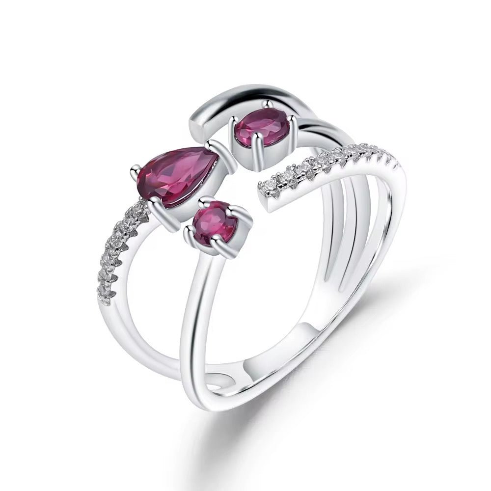 Silver Resizable Ring with Natural Rhodolite Garnet 0.87 ct – Drop, Oval & Round Cut