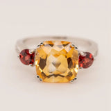 Silver Ring with Natural Citrine & Garnet 5.55 ct – Cushion & Round Cut