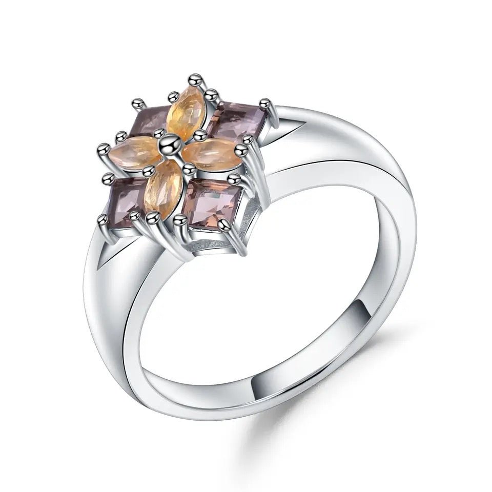 Silver Ring with Natural Citrine & Smoky Quartz 0.92 ct – Fancy Cut Floral Design