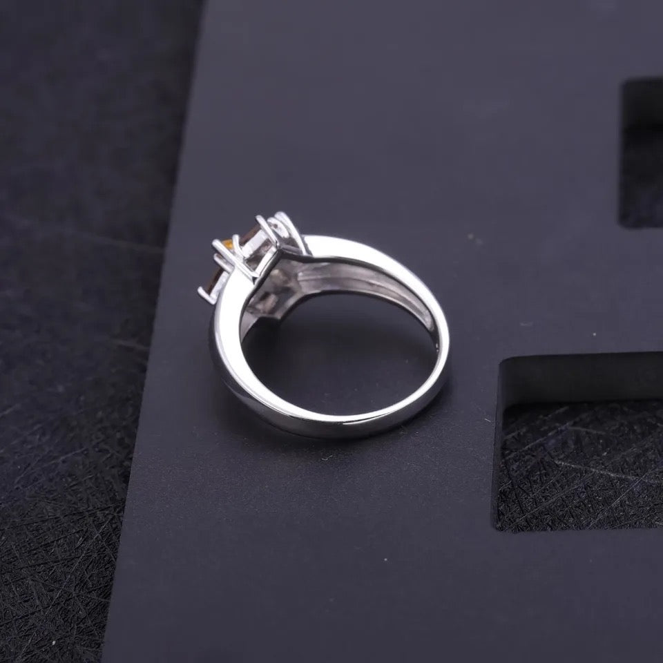 Silver Ring with Natural Citrine & Smoky Quartz 0.92 ct – Fancy Cut Floral Design