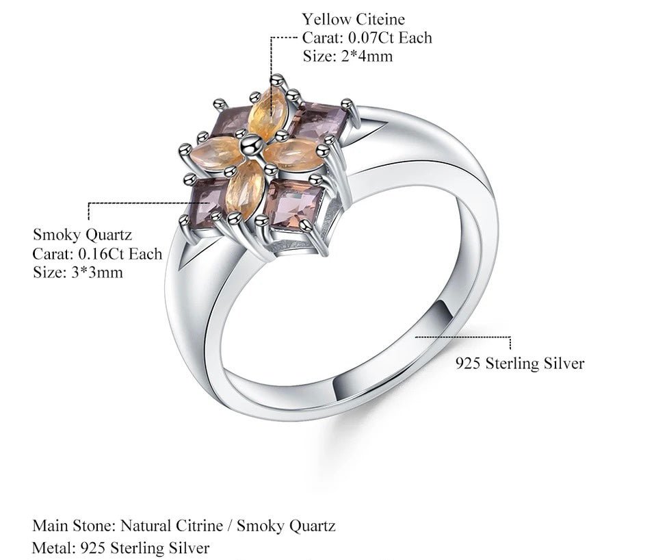 Silver Ring with Natural Citrine & Smoky Quartz 0.92 ct – Fancy Cut Floral Design