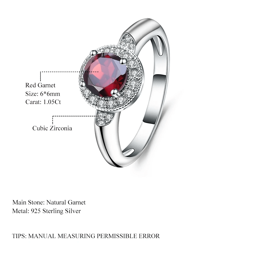 Silver Ring with Natural Garnet 1.05 ct & Cubic Zirconia – Round Cut