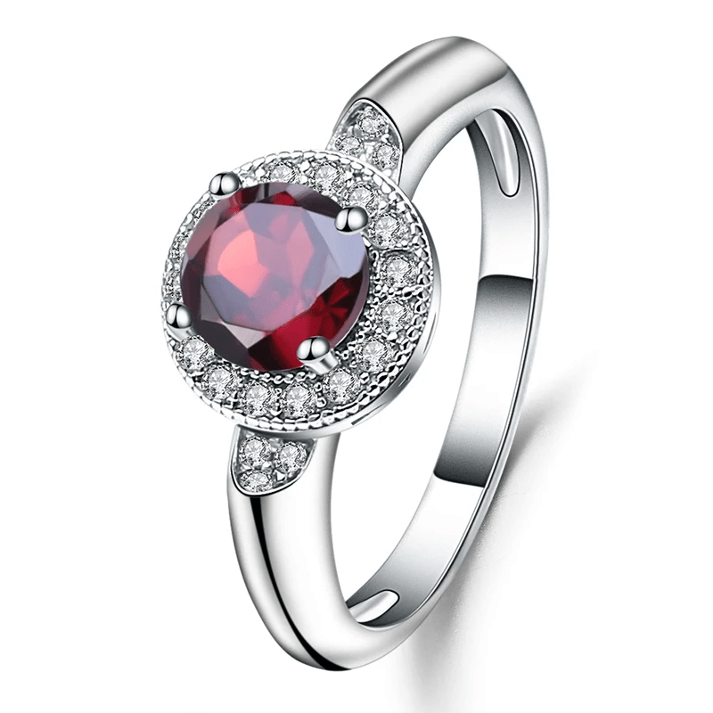 Silver Ring with Natural Garnet 1.05 ct & Cubic Zirconia – Round Cut