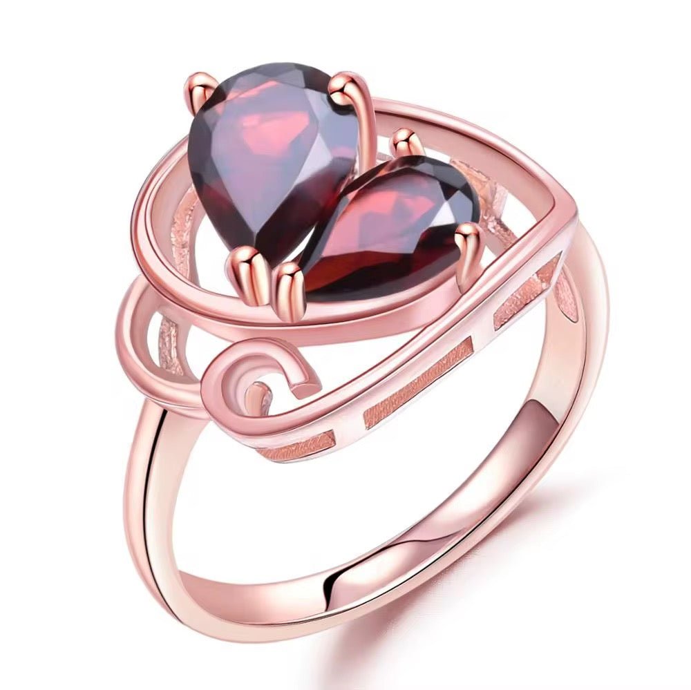 Silver Ring with Natural Garnet 2.20 ct – Drop Cut, Rose Gold Plated