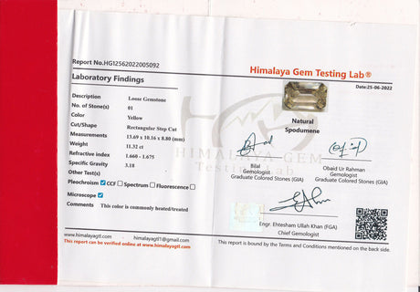 Spodumene 11.32 ct – Light Yellow, Rectangular Cut, HGTL Certified