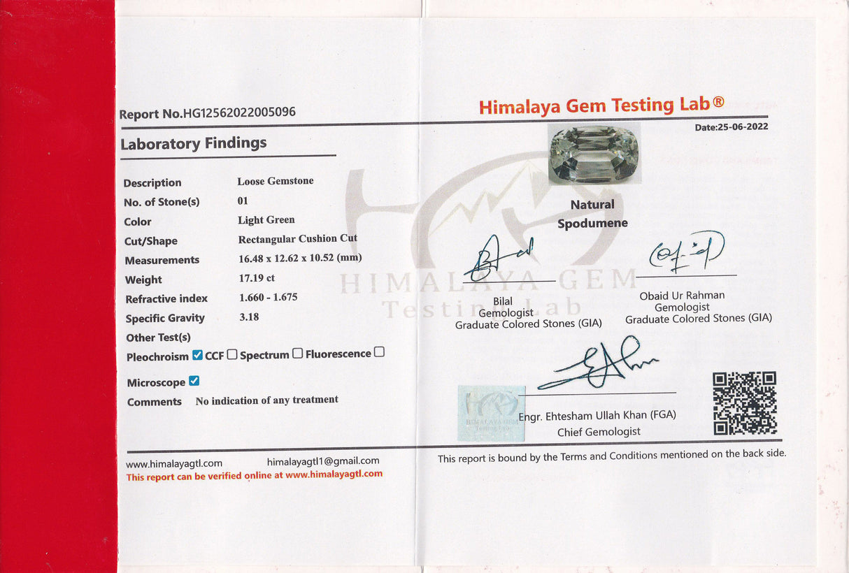 Spodumene 17.19 ct – Pale Green, Cushion Cut, HGTL Certified