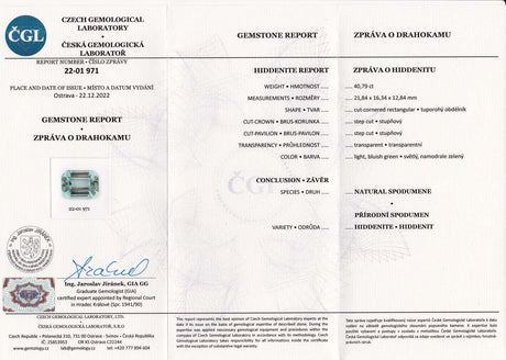 Spodumene 40.79 ct – Light Bluish Green Spodumene (Octagonal, Untreated, ČGL Certified)